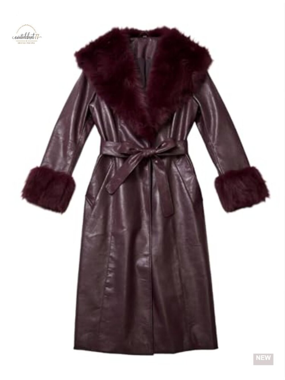 Faux Leather Long Sleeve Belted Overcoat with Faux Fur Collar